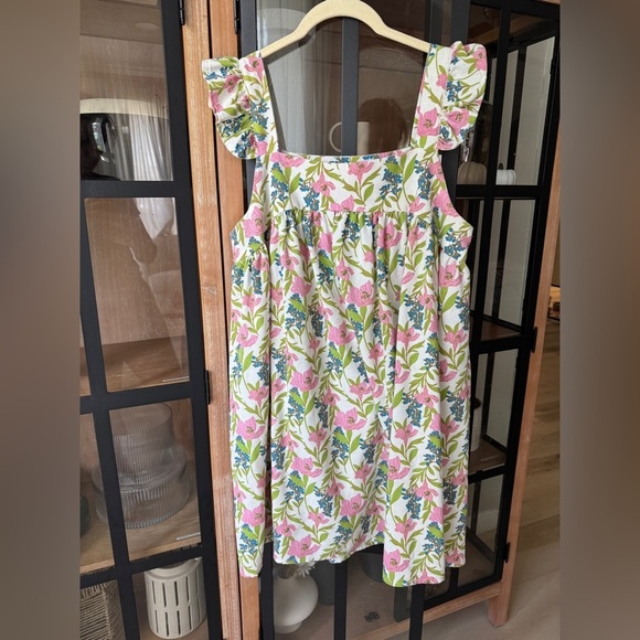 Linen floral block print babydoll mini dress ruffle pyjama square neck flutter - Picture 6 of 14